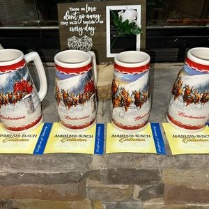 4 Budweiser 2010 Holiday Beer Stein “Dashing Through The Snow” EACH WITH COA